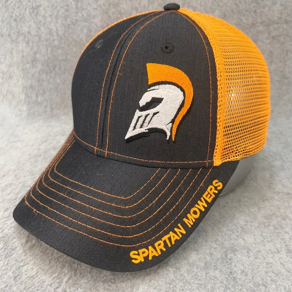 Spartan Mowers Spartan Helmet Logo Mens Black Orange Trucker Hat Snapback OSFM